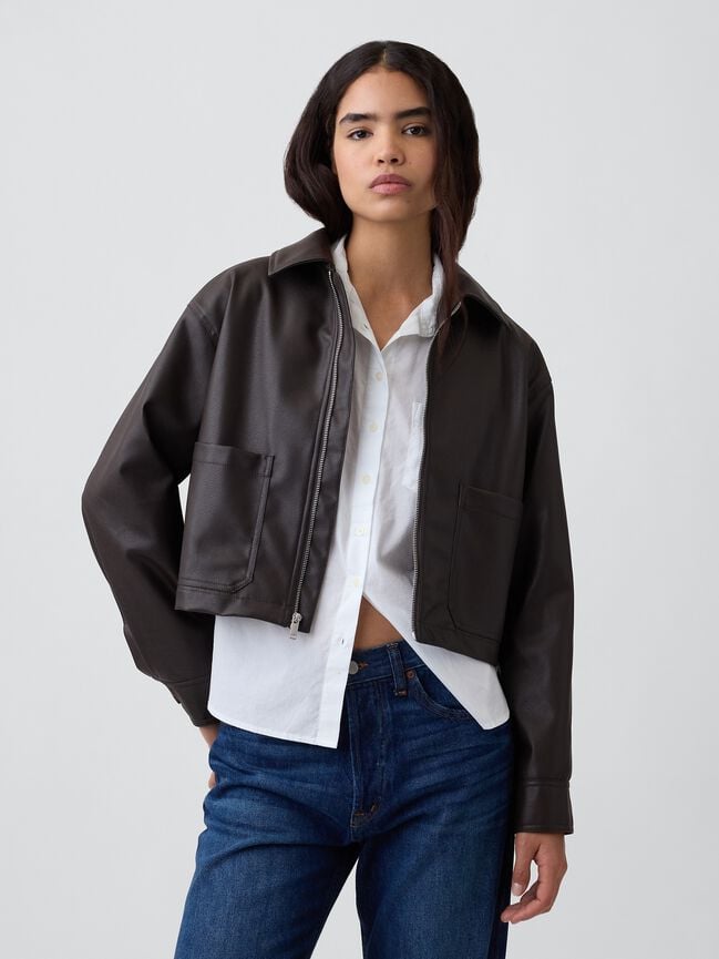 Relaxed Cropped Vegan-Leather Jacket gap relaxed cropped vegan leather jacket