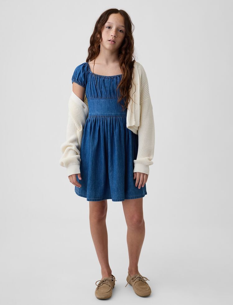 Kids Denim Puff-Sleeve Mini Dress gap kids denim puff sleeve mini dress