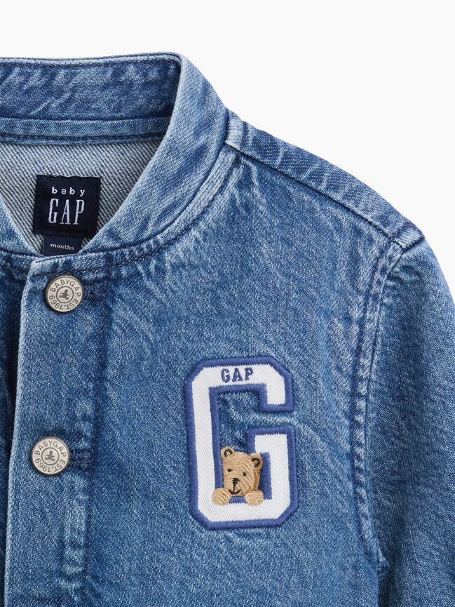 Baby Denim Brannan Bear Varsity Logo Jacket gap baby denim brannan bear varsity logo jacket