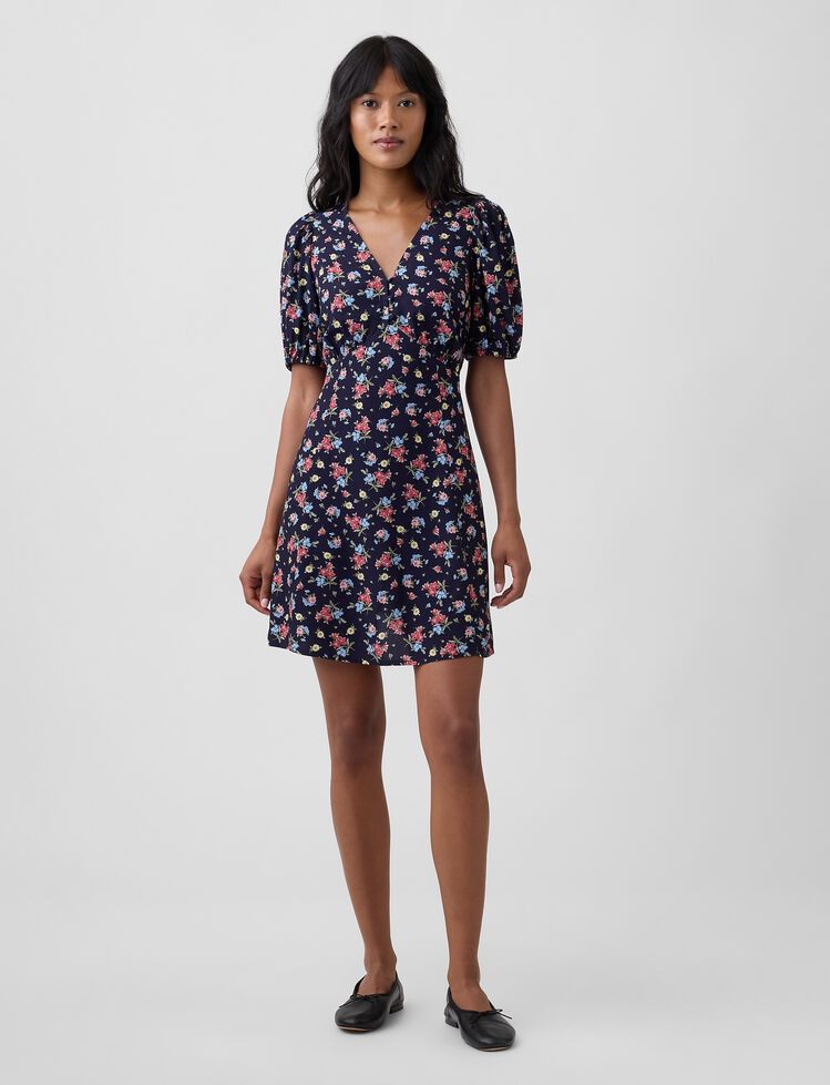 Puff Sleeve V-Neck Mini Dress gap puff sleeve v neck mini dress