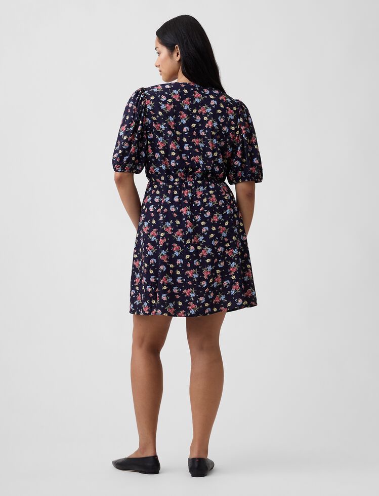 Puff Sleeve V-Neck Mini Dress gap puff sleeve v neck mini dress