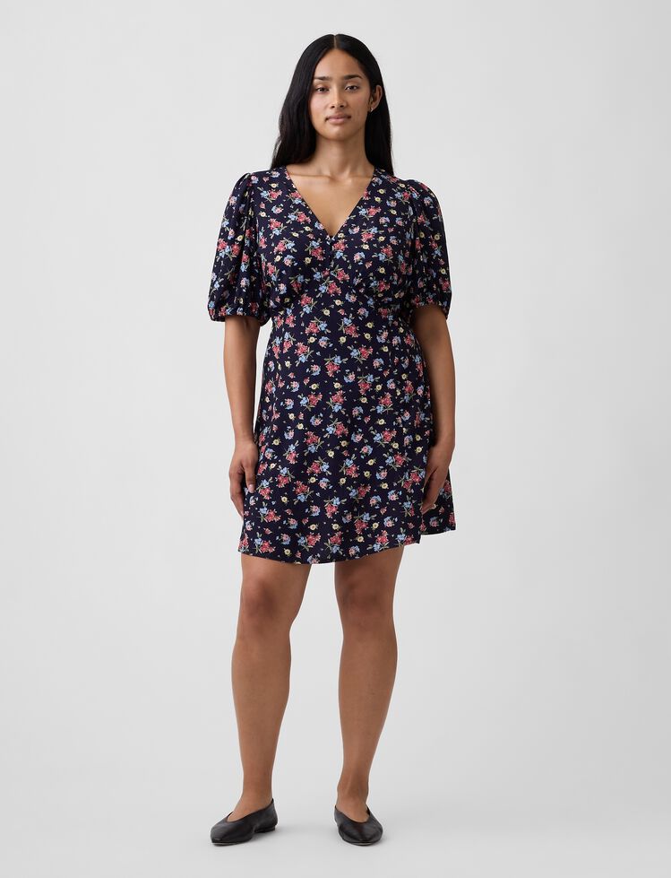 Puff Sleeve V-Neck Mini Dress gap puff sleeve v neck mini dress